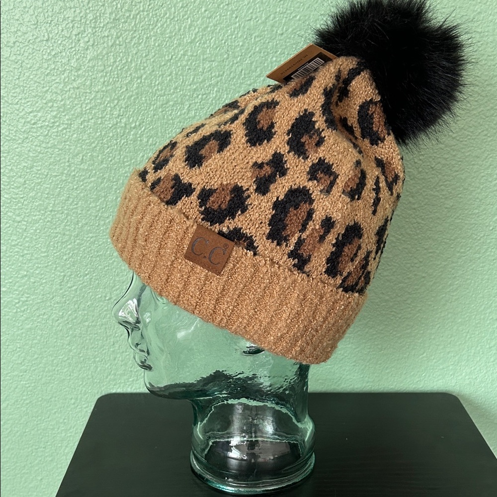 Tan Leopard Beanie with Black Pom